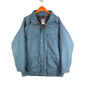 Woolrich Flannel Plaid Lined Wool Chore Jacket Coat Snap Buttons Blue Mens Large